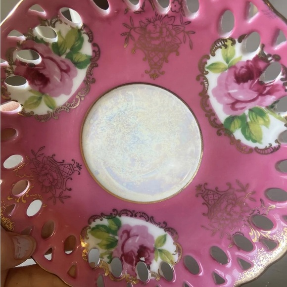 Vintage Lefton China PINK ROSE HAND PAINTED SAUCER Iridescent Pearl/Gold Edge - Picture 6 of 7